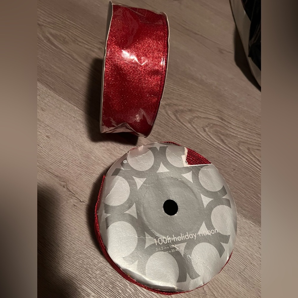 NWT SET OF 2 100 FEET (EACH) RED SPARKLE WIRE RIBBON